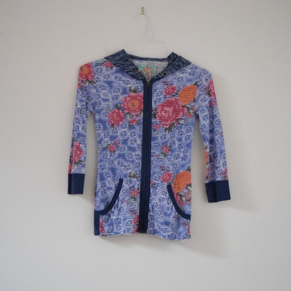 FREE PEOPLE Floral Rose Waffle Weave Thermal Zip Up Hoodie | Size XS
